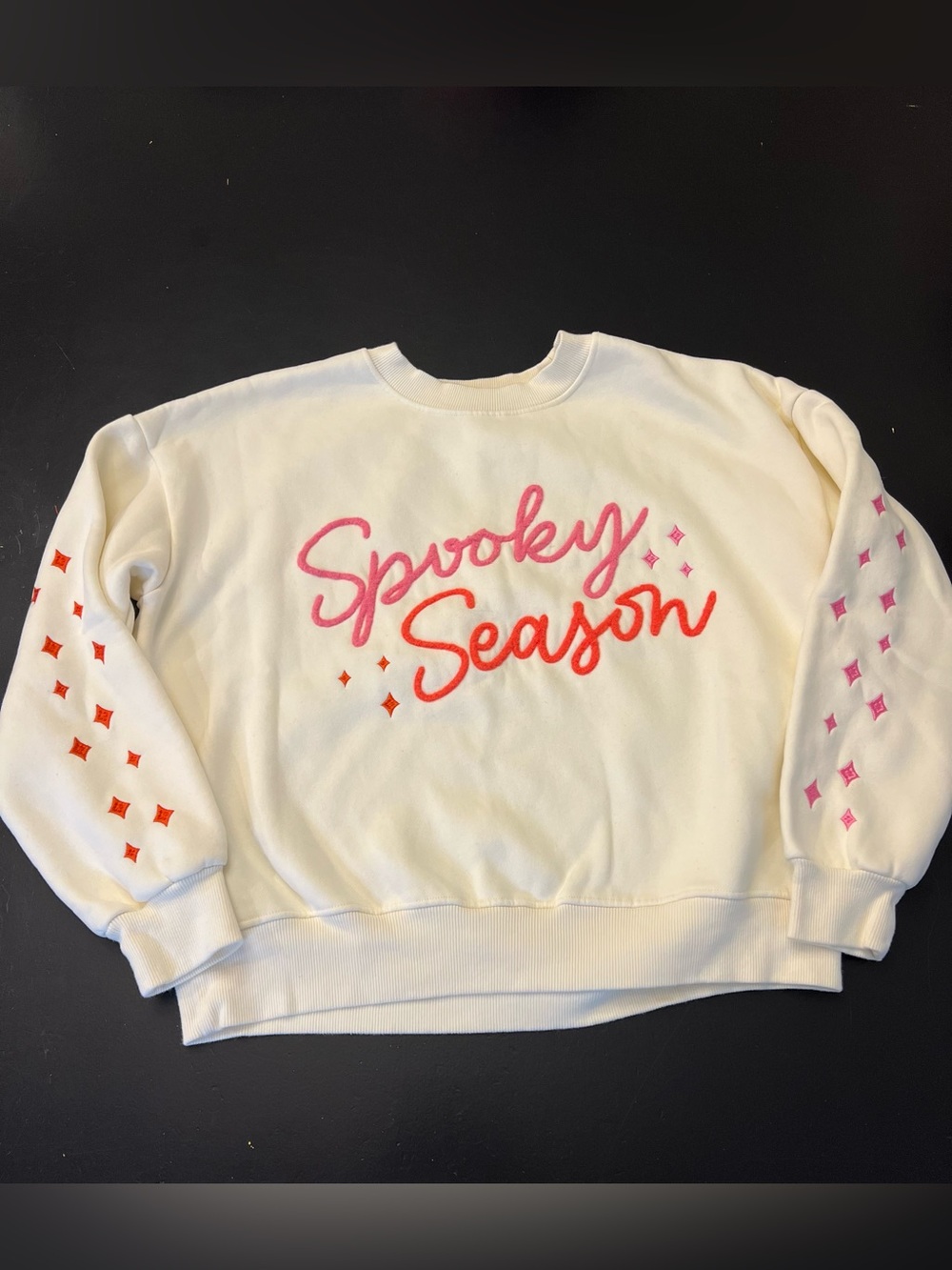 Kirklands Cream Pink Orange SPOOKY SEASON Embroidered Crewneck Sweatshirt Sz M